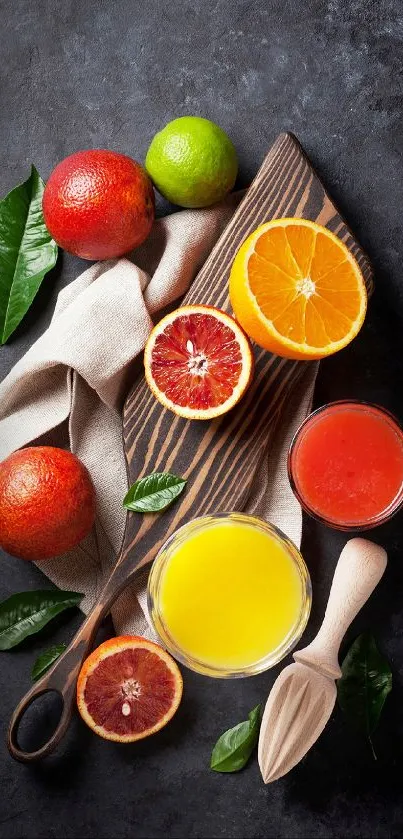 Colorful citrus fruits on dark background mobile wallpaper.