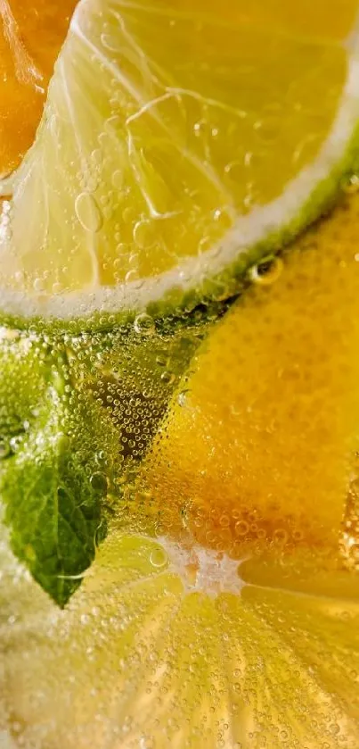 Close-up of lime and orange slices with bubbles on vibrant wallpaper.