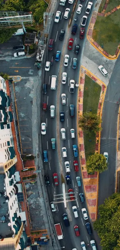 Aerial view of city traffic on urban roads.