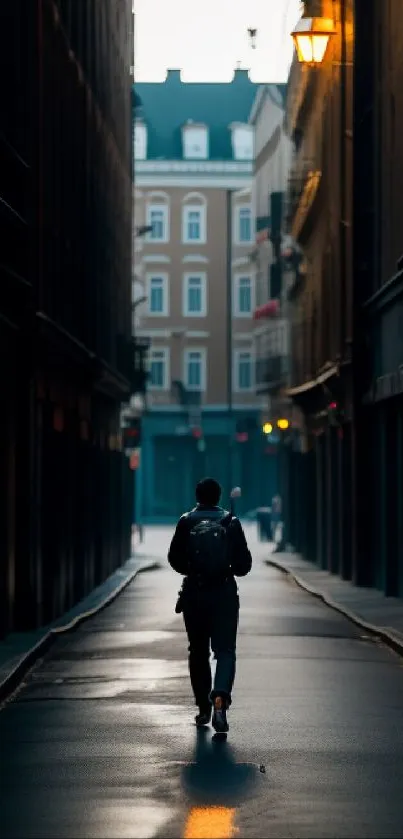 Traveler walks down a dimly lit city alley at dusk.