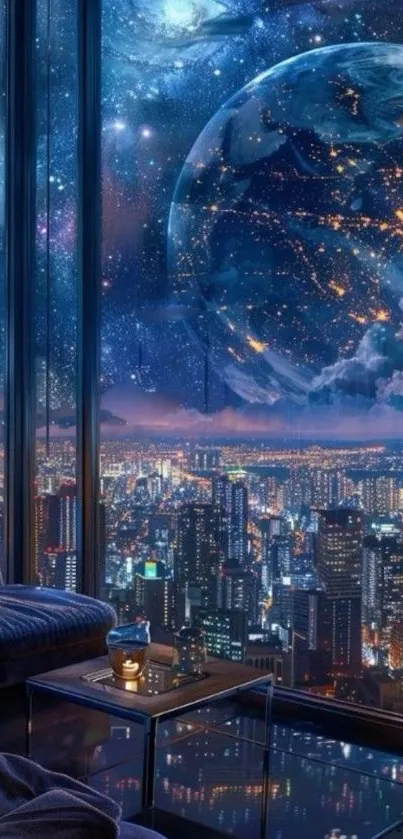 Futuristic cityscape with a cosmic view of the galaxy at night.