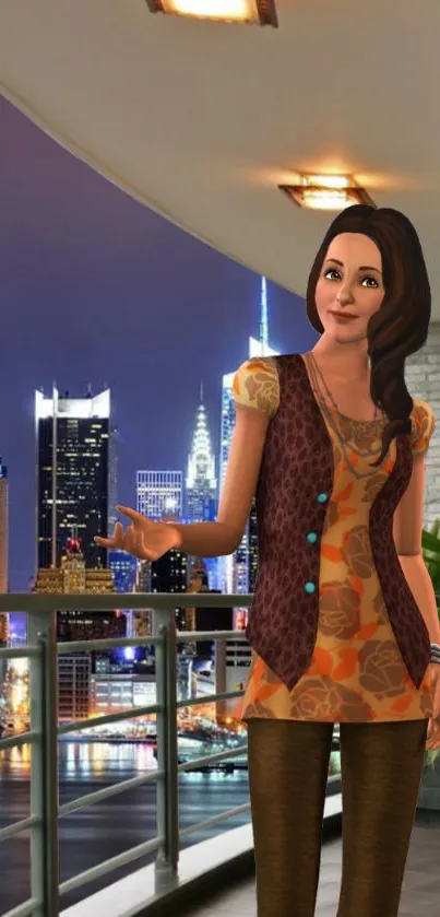 Stylish woman on balcony with city skyline.