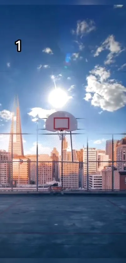 Basketball court with city skyline at sunset.