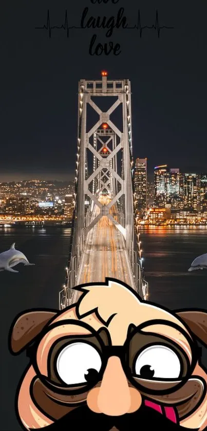 Mobile wallpaper featuring a city bridge at night with cartoon characters and dolphins.