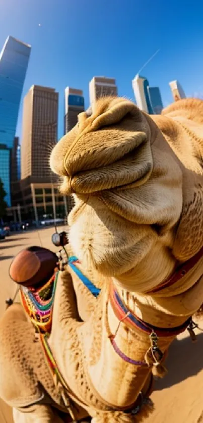 Camel close-up in a vibrant cityscape with skyscrapers.