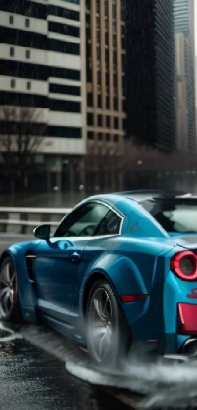 Blue sports car driving in rainy cityscape.