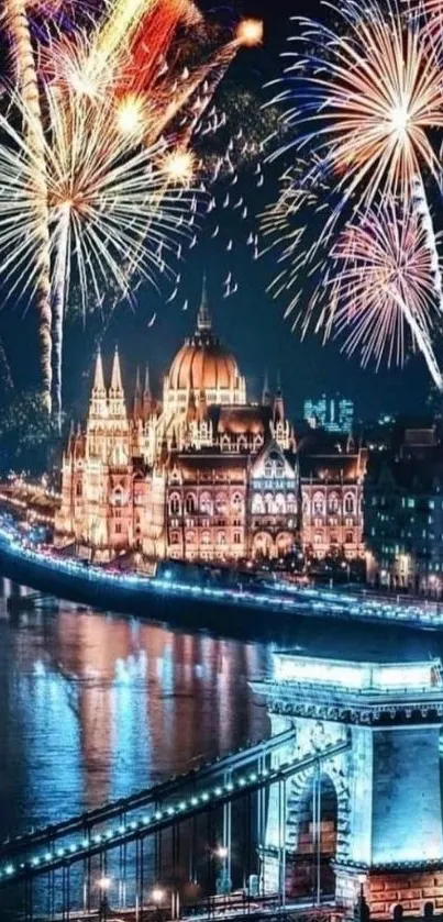 Vibrant fireworks over illuminated city skyline at night, featuring a picturesque bridge.