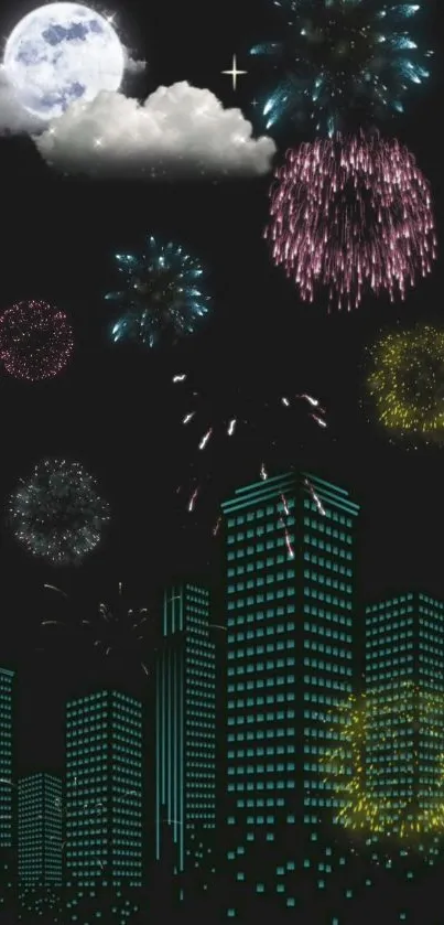 City skyline with fireworks under a full moon on a dark night.