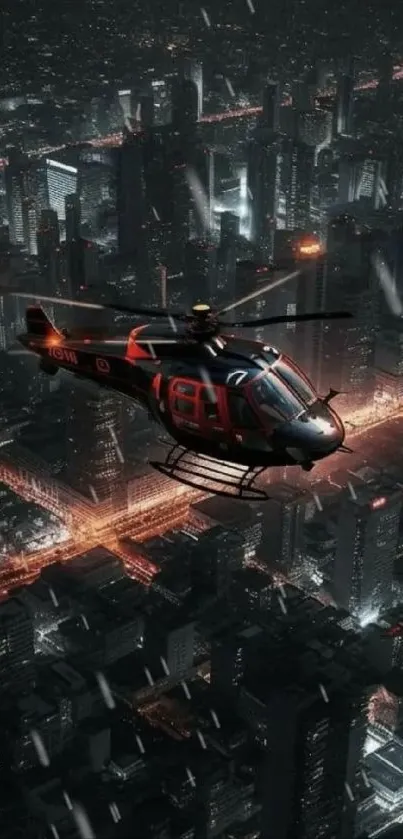 Helicopter flying over city skyline at night.