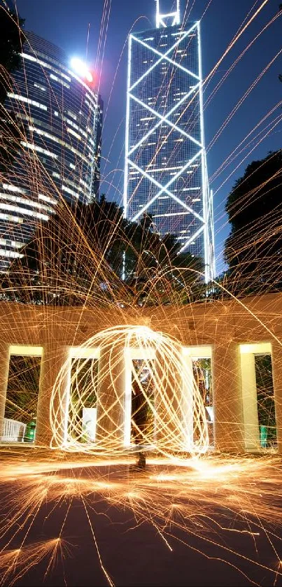 Cityscape with light trails and skyscrapers, showcasing urban vibrancy at night.