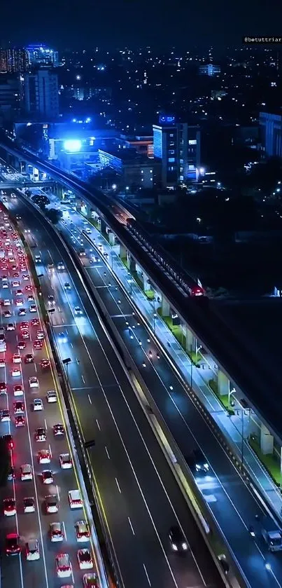 Aerial view of vibrant city traffic at night.