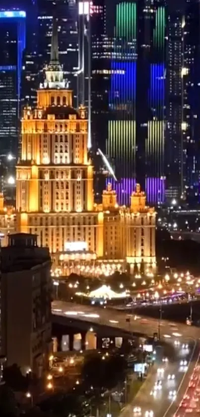 Brightly lit golden building in night cityscape with vibrant skyline lights.