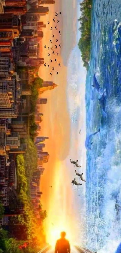 A surreal wallpaper blending a sunset with cityscape and ocean scenes.