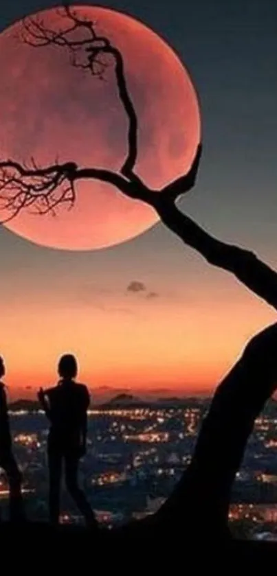 Silhouetted figures under a red moonlit city skyline with a bare tree.