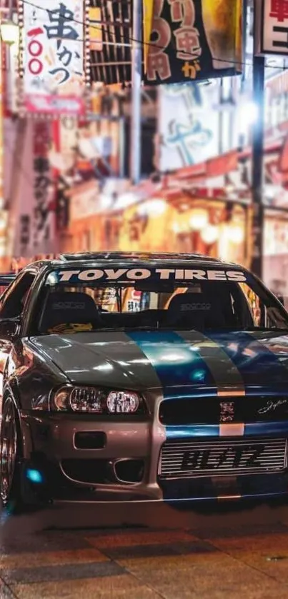 Sleek car parked under city lights in vibrant urban setting.