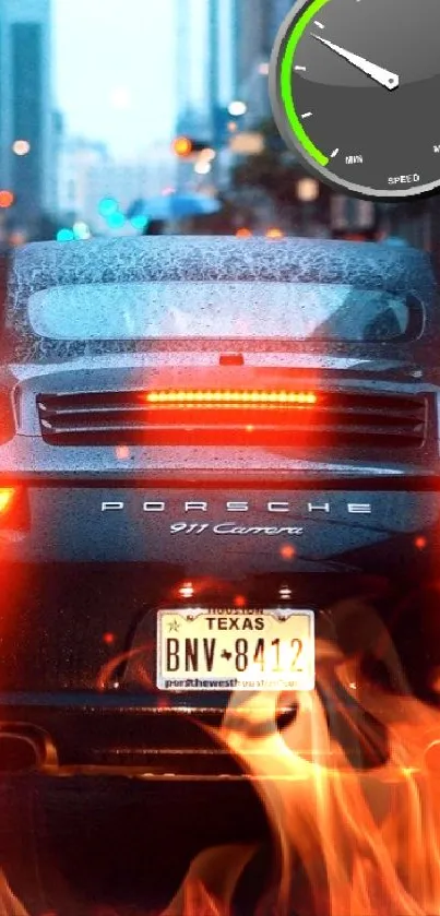 Sleek car driving through a rainy city at night, illuminated by red brake lights.