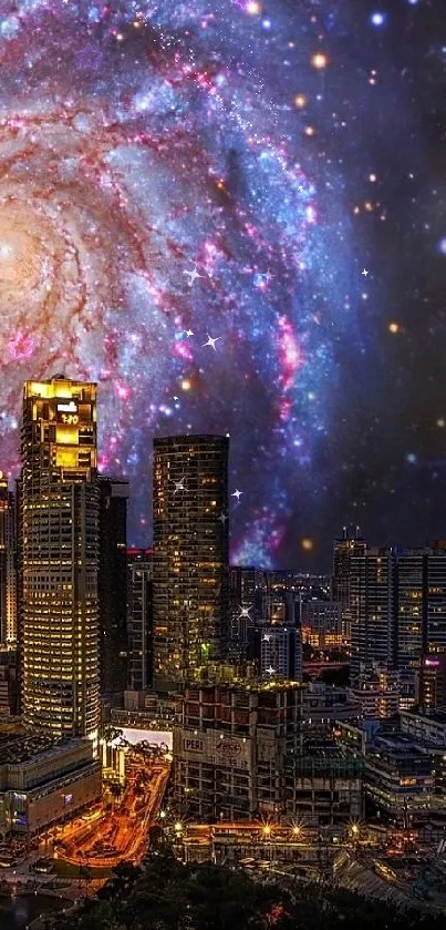 City skyline with galaxy night sky background.