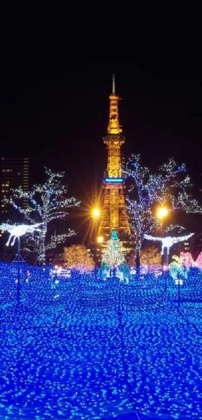 Vibrant city night lights in blue with illuminated decorations.