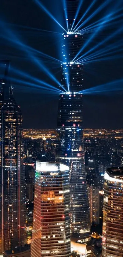 Night city skyline with illuminated skyscrapers and vibrant light beams.