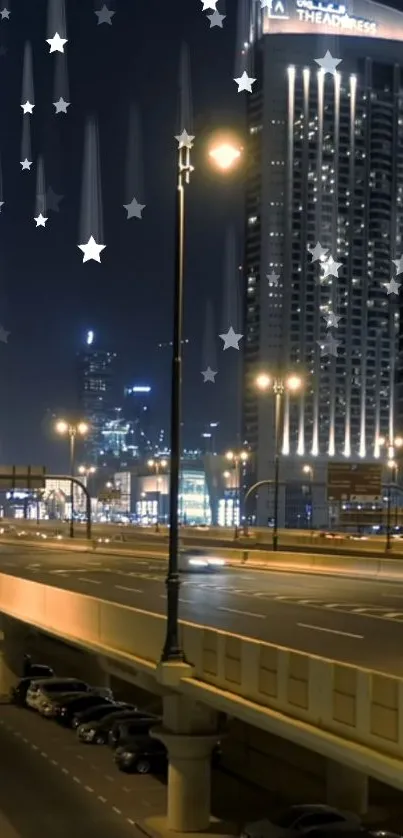 City night view with bright streetlights and stars.