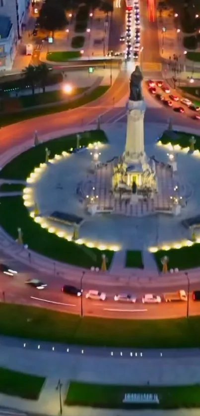 Nighttime city monument with vibrant lights.