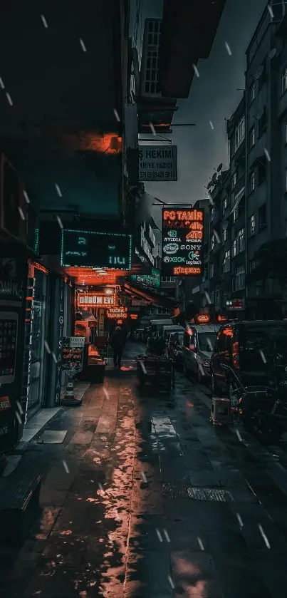 Moody city street at night with neon lights and wet pavement.