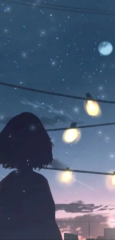 Silhouette under city night sky with string lights and stars.