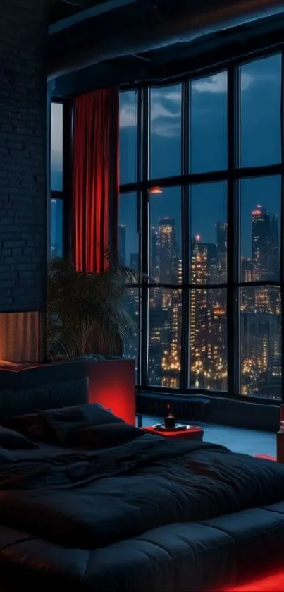 Luxurious bedroom with city night view and fireplace.