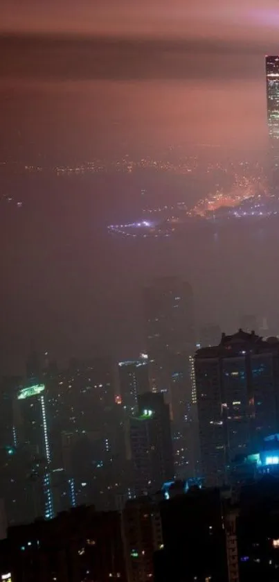 Night time cityscape with skyscrapers and purple misty sky.