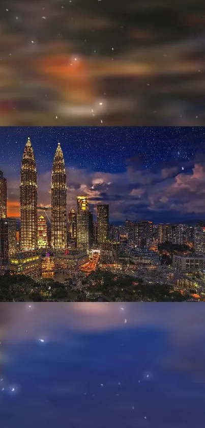 Illuminated city skyline under a starry night sky wallpaper.