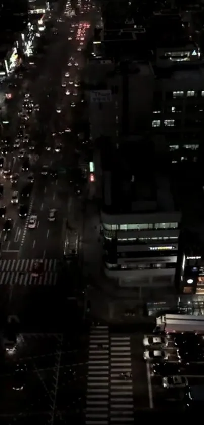 Nighttime view of city traffic on busy streets.