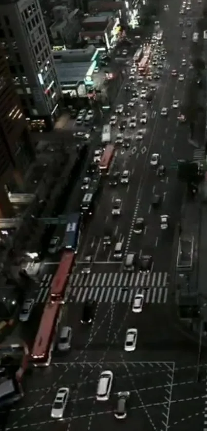 Aerial view of city traffic at night showcasing vibrant urban energy.