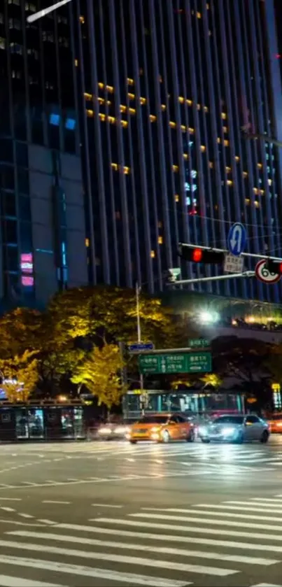 Nighttime city traffic with glowing skyscrapers and bright streetlights.