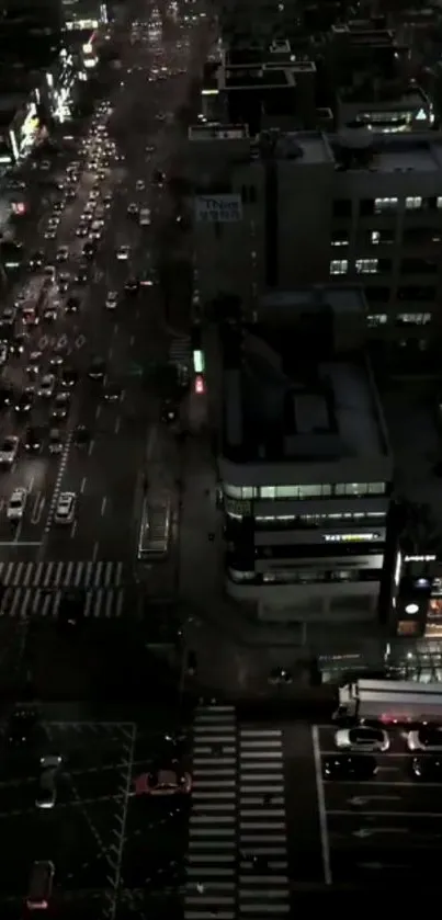 Vibrant city night traffic scene with illuminated buildings.