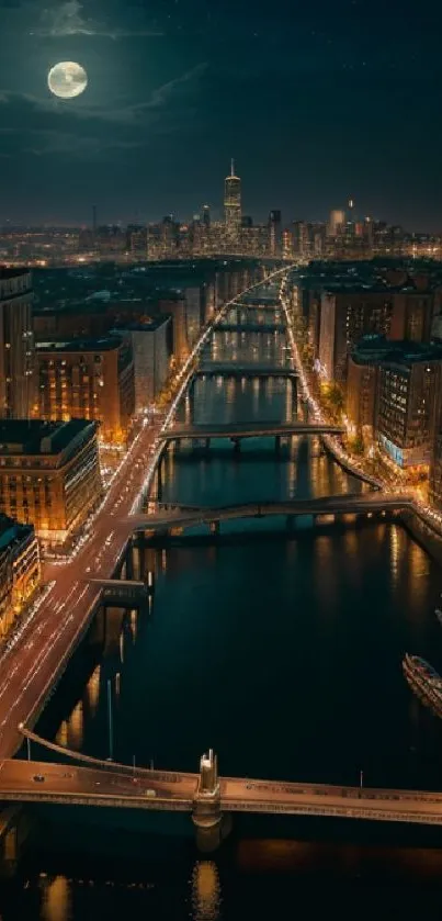 City night view with bridges and full moon.