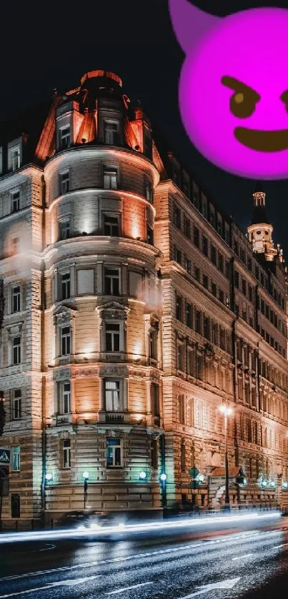 Urban night scene with neon devil emoji over cityscape.