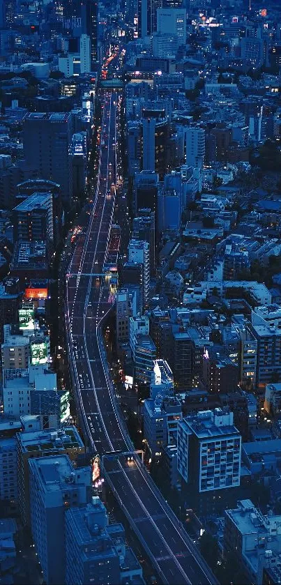 Aerial view of city nightscape with illuminated skyline and winding road.