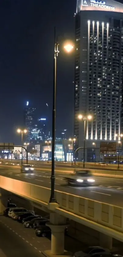 Urban nightscape with illuminated skyscrapers and bustling streets.