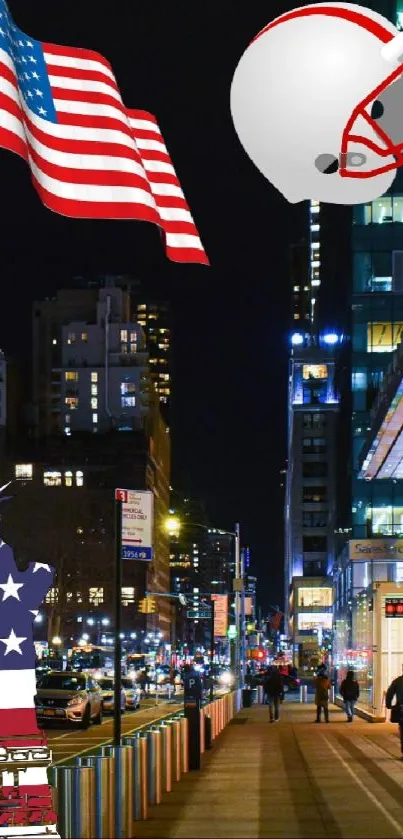 Night city scene with American flag and football helmet.