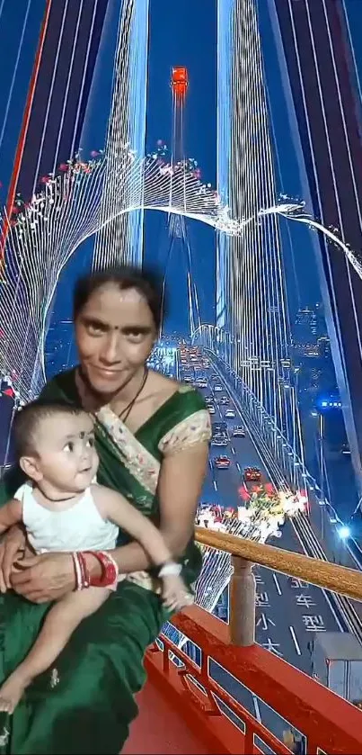 A mother holding her child against a vibrant city backdrop at night.