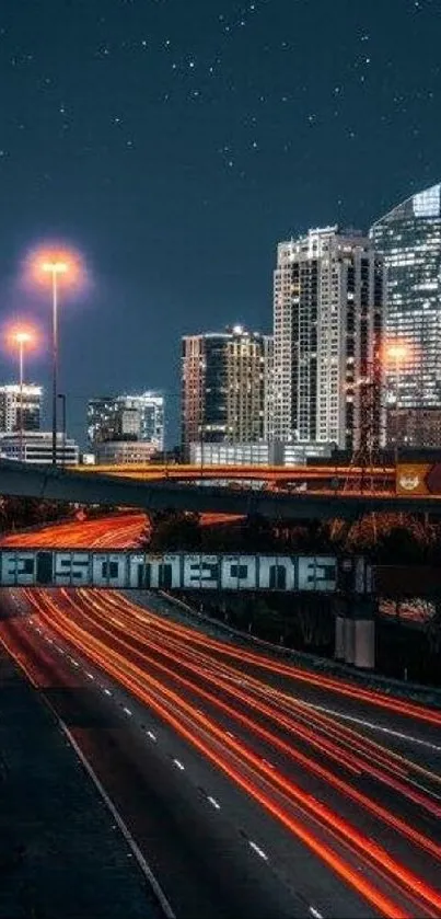 City nightscape with vibrant light trails and skyscrapers under a starry sky.