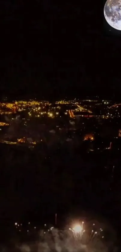 Moonlit city nightscape with vibrant lights and dark skies.