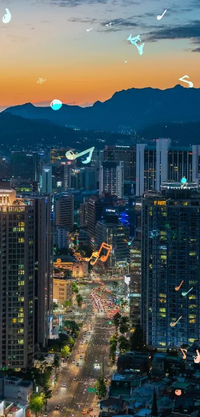 City skyline at night with colorful music notes and twilight sky.