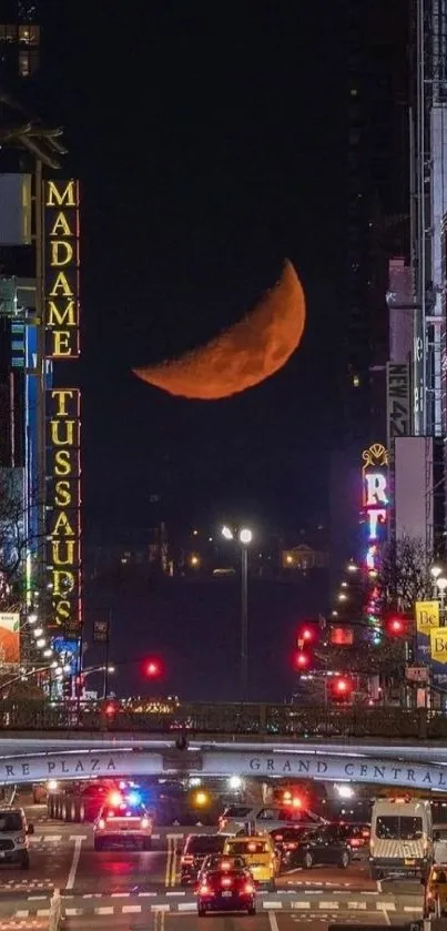 A stunning cityscape with a red moon at night.