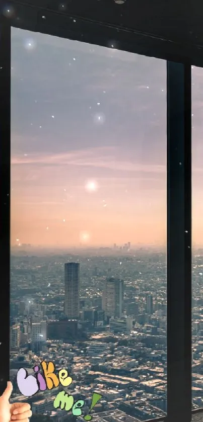 Cityscape through windows with sunset hues and skyline view.