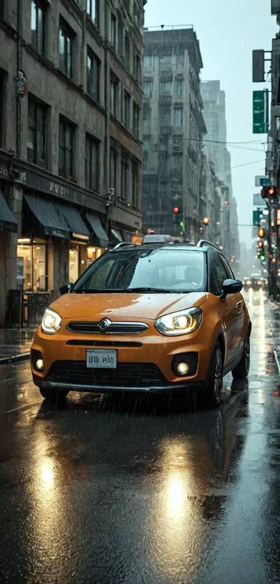 Orange car on rainy city street at night.