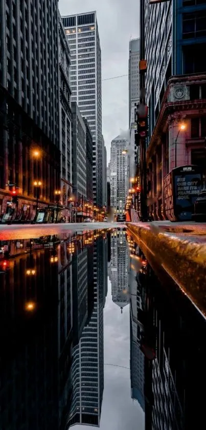 Cityscape with skyscrapers reflected in a rain-soaked street.