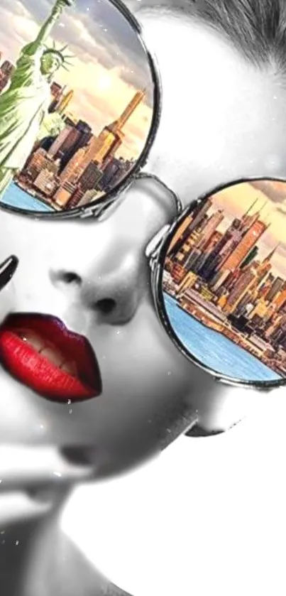 Stylish sunglasses with New York cityscape reflection in grayscale art style.