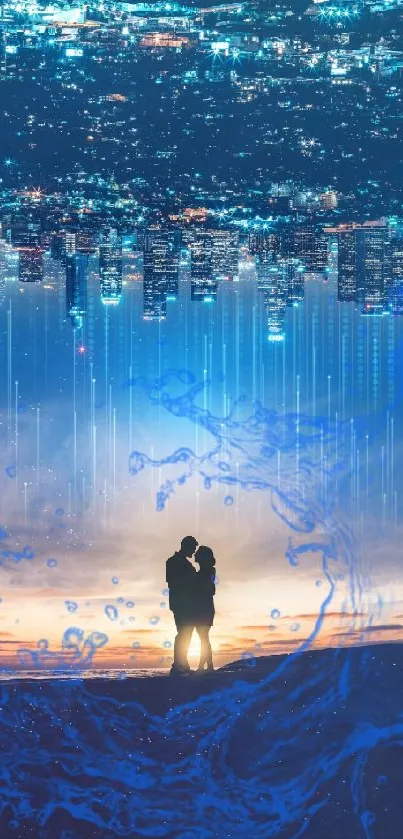 Romantic silhouette against dreamy cityscape with blue tones.