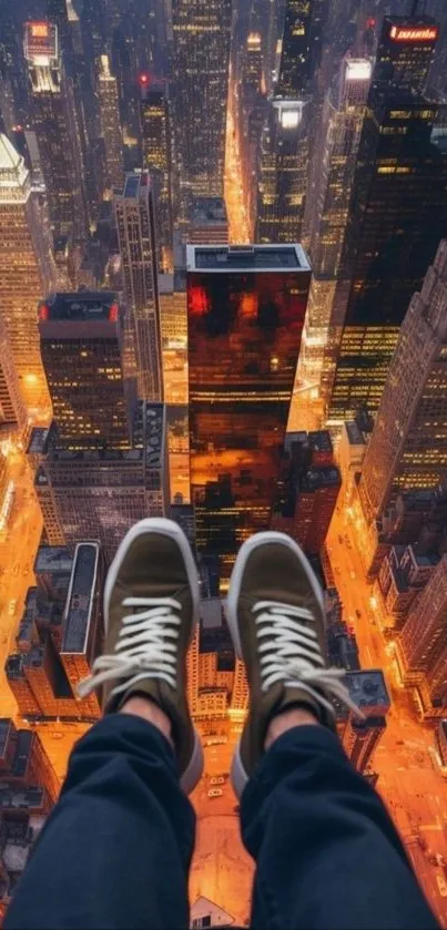 Feet dangling above brightly lit cityscape at night.